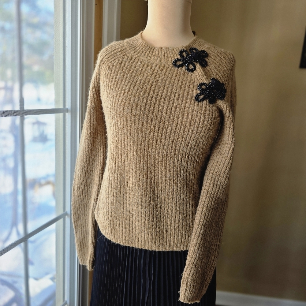 J.Crew Tan Beaded Floral Sweater Alpaca Wool Blend Chunky Rib Knit Women's XXS